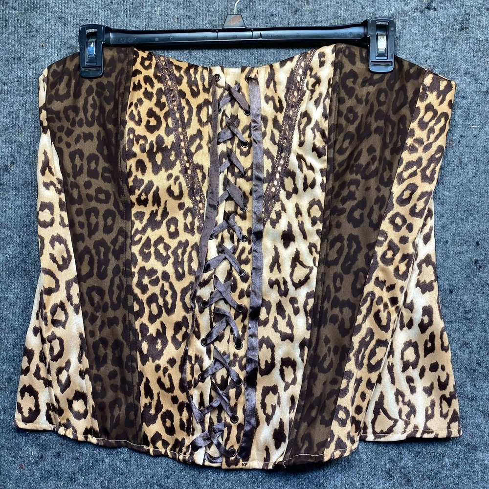 Cotton Express Leopard Print Corset Top Zip Back Brown Black Women 1X